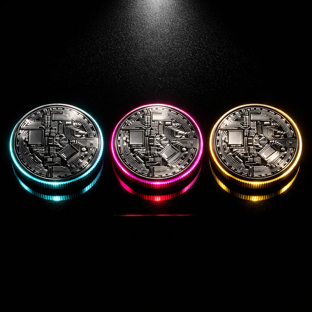 Geometrisch gerangschikte cryptomunten op zwarte achtergrond, symbool voor Bitcoin-betalingen